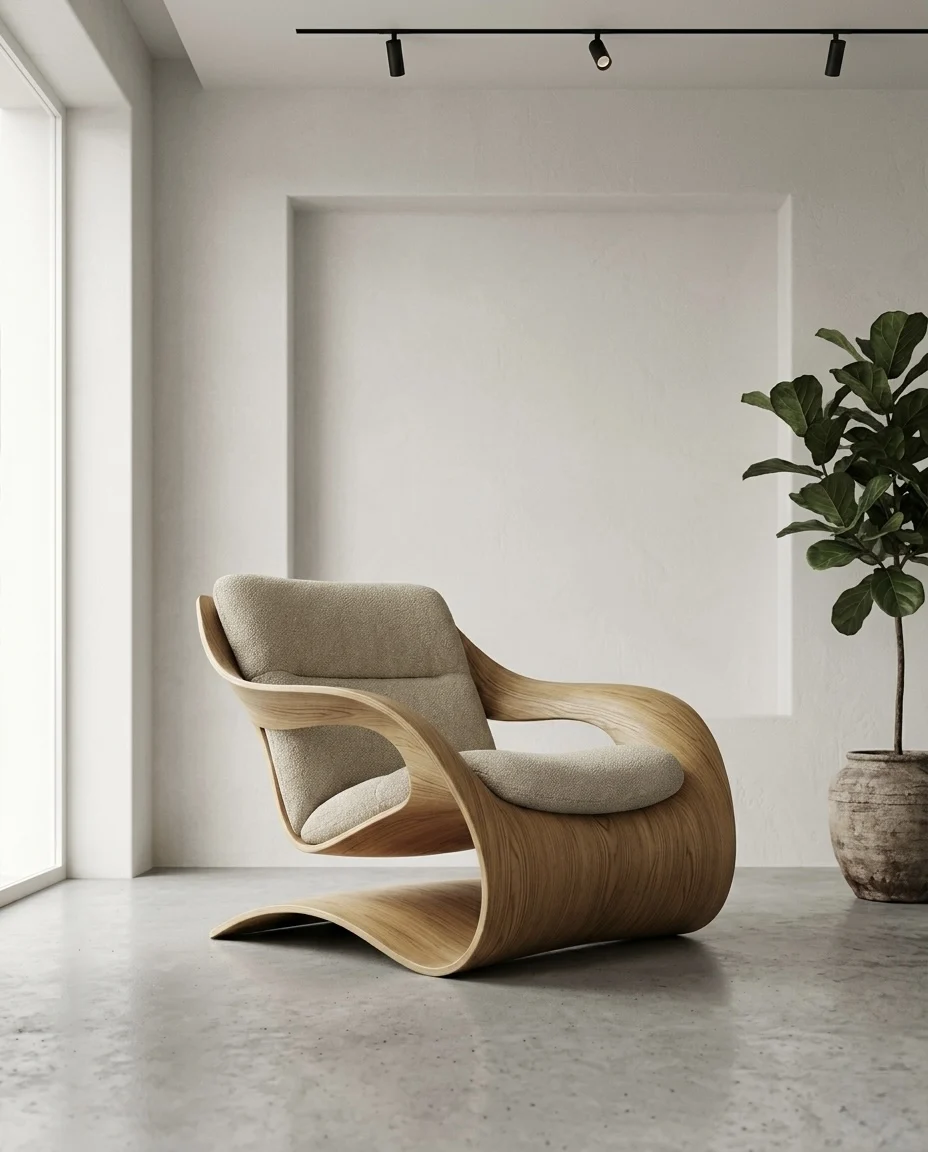 Arc Chair — sculptural bent-oak lounge chair with bouclé cushions