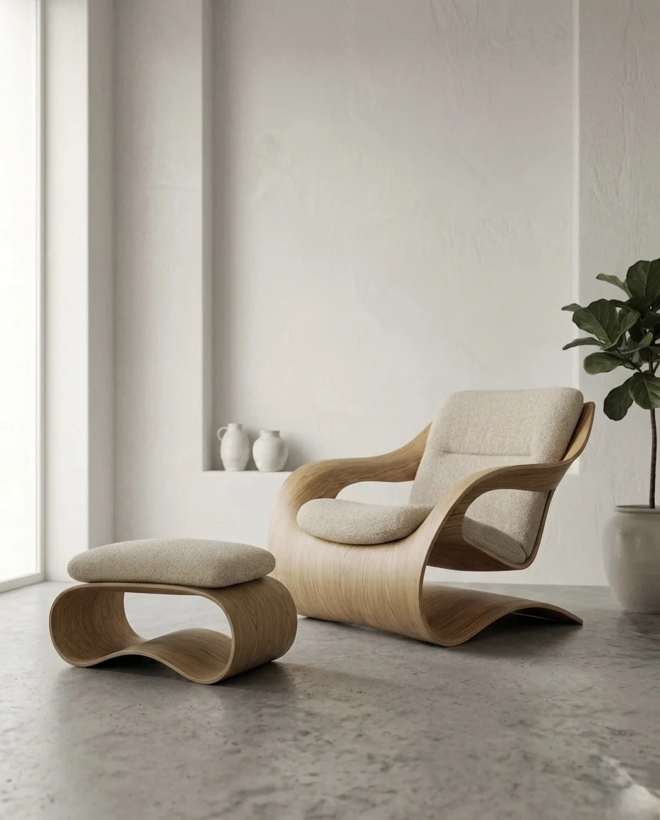 The Curva Collection — Arc Chair and Crest Stool in bent oak with bouclé upholstery