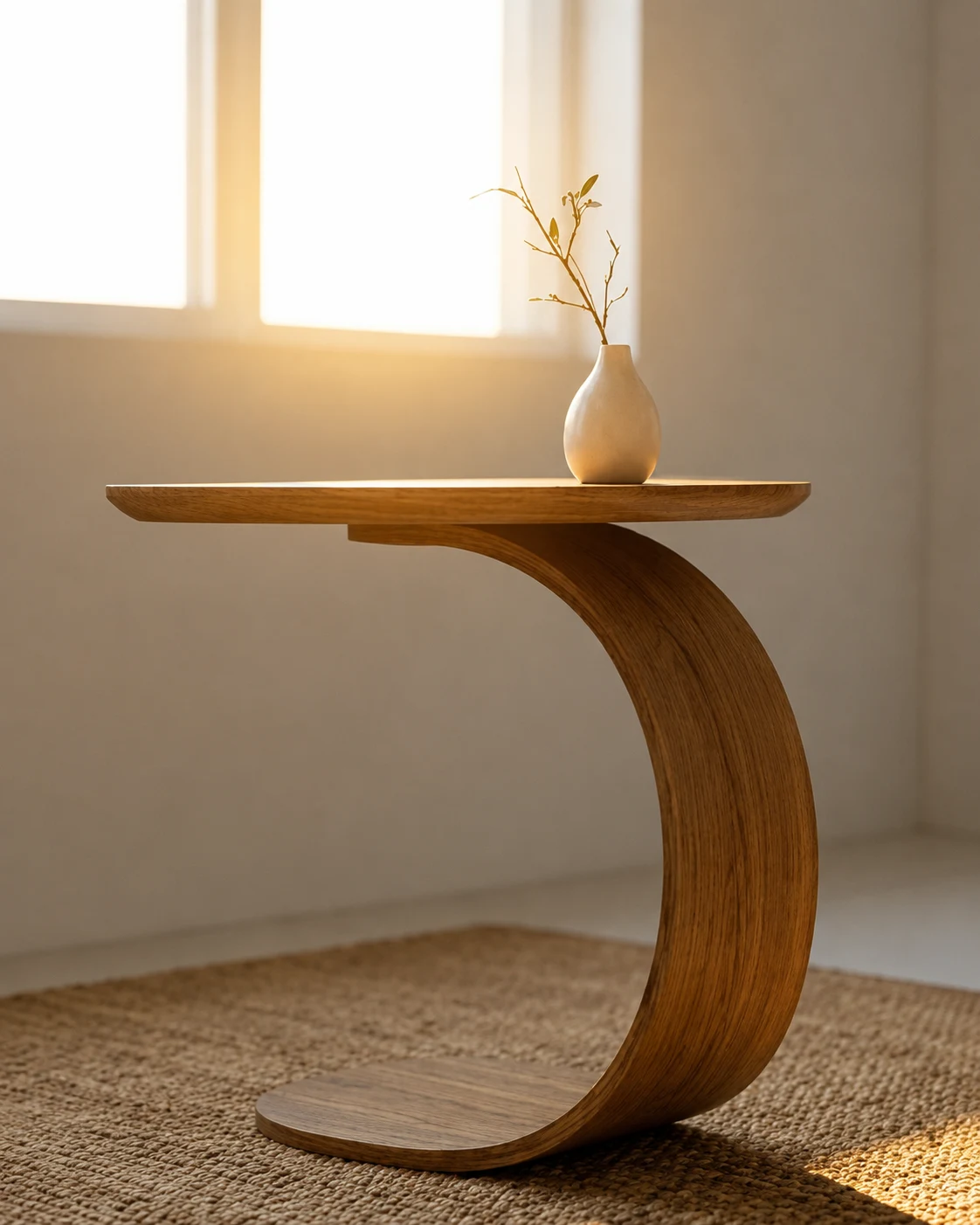 Cove Side Table — curved oak side table in warm evening light