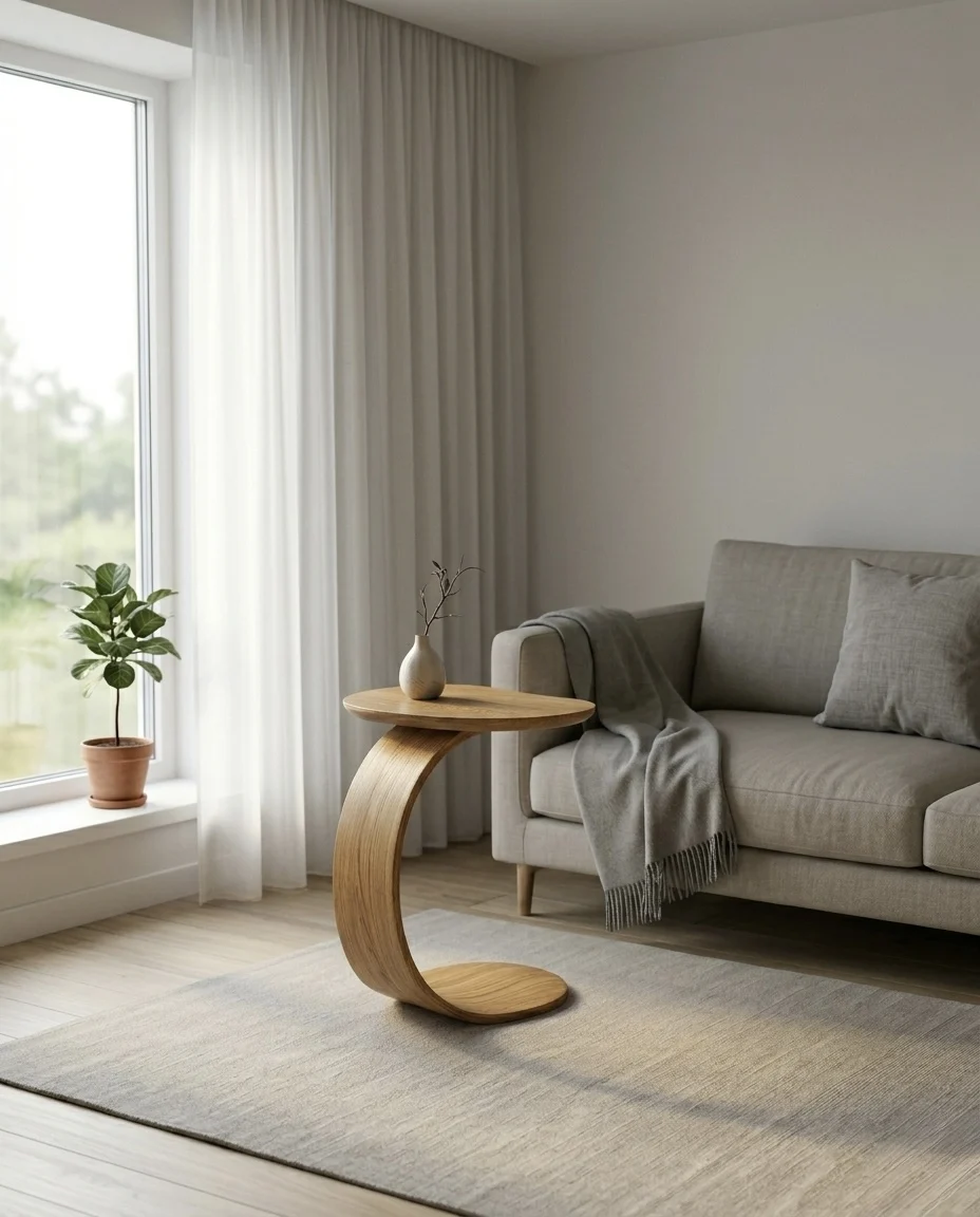 Cove Side Table beside a sofa — a bespoke piece at home in its interior