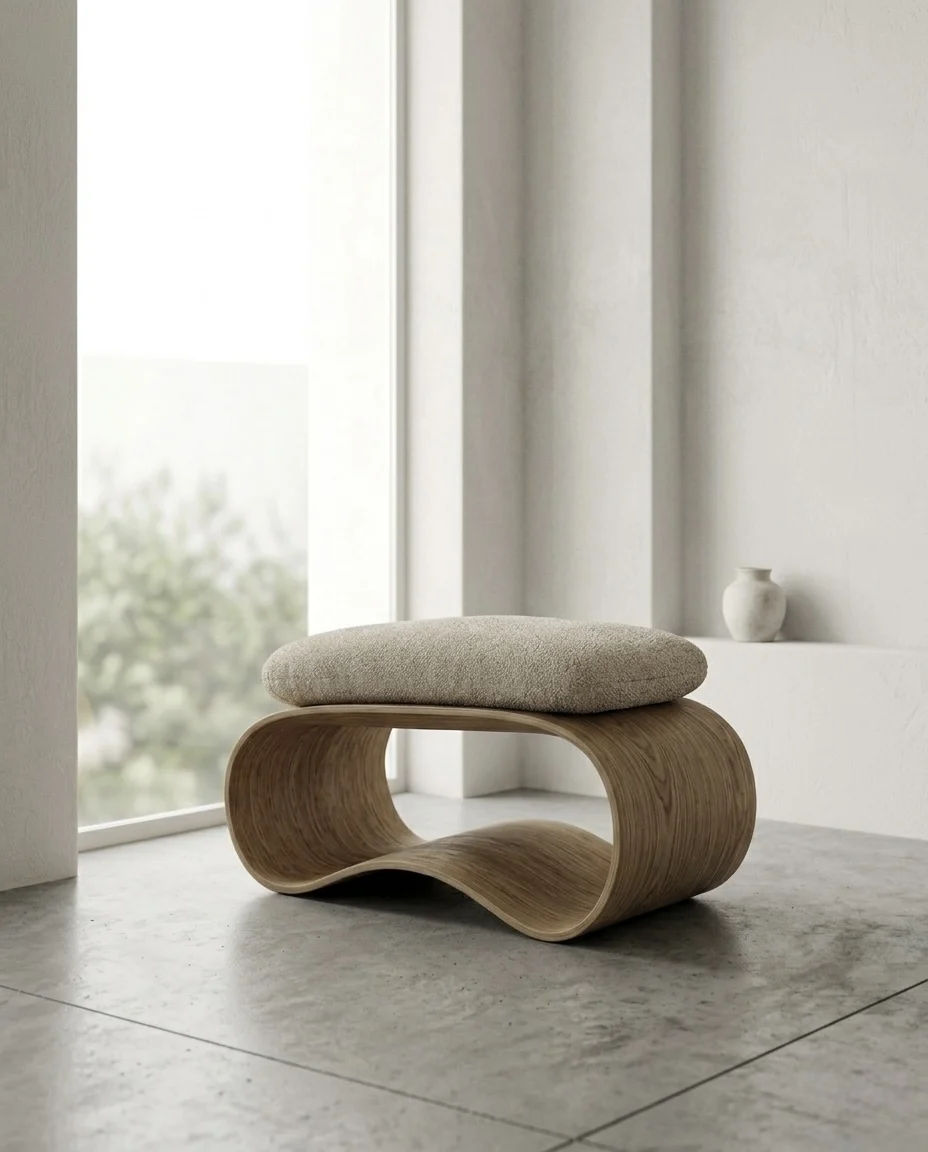 Crest Stool — curved oak footstool with bouclé cushion beside a window