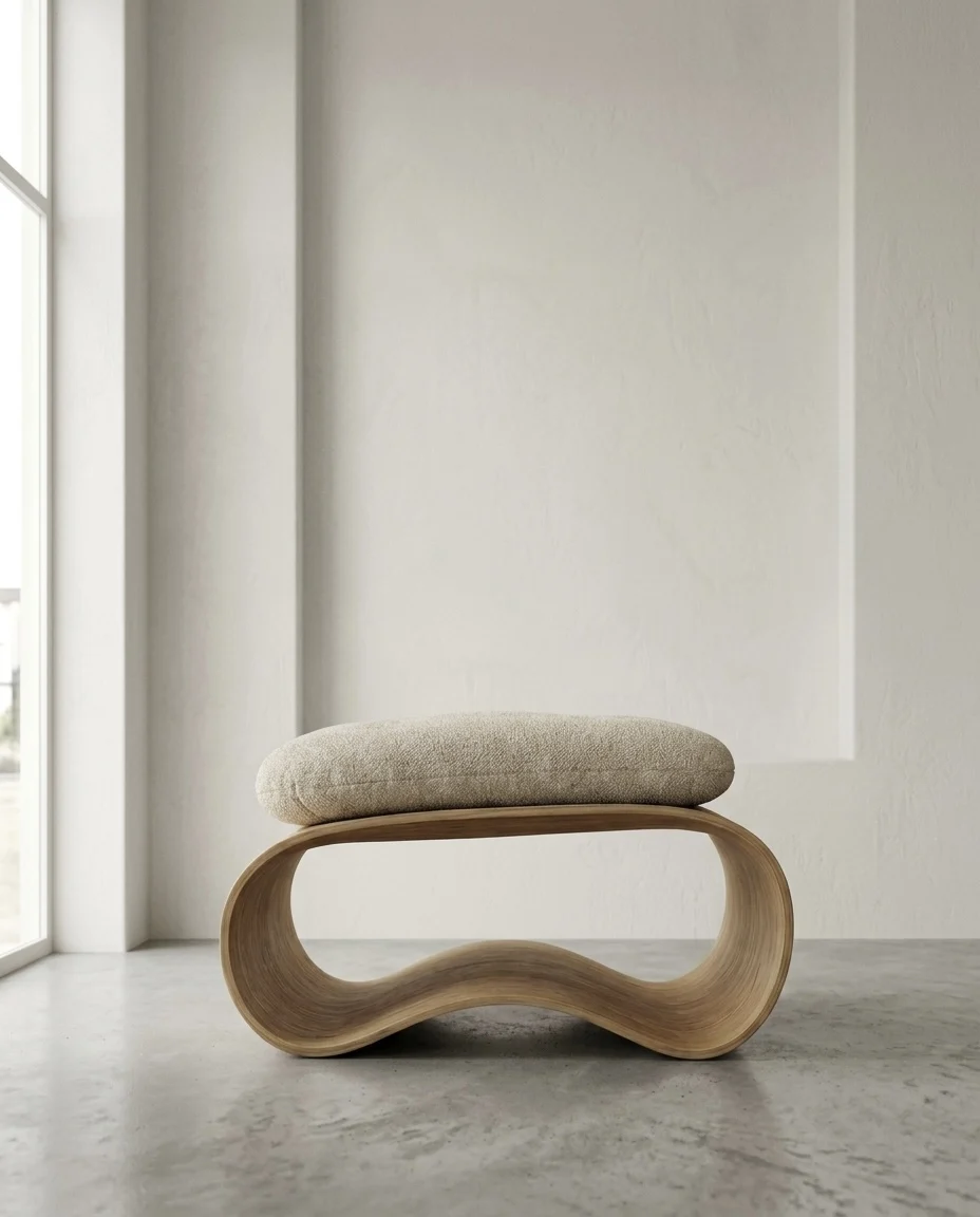 Crest Stool in curved oak against a textured plaster wall