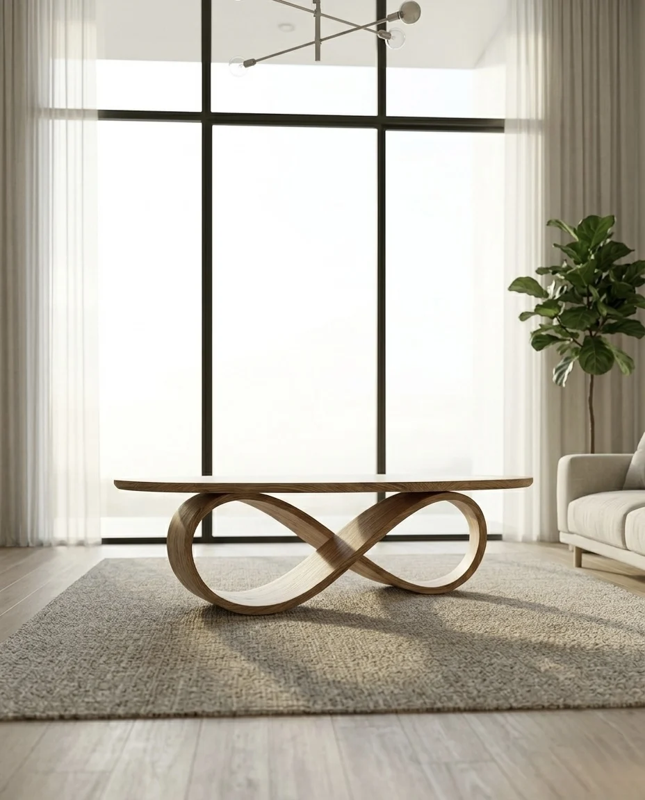 Horizon Table — oval oak coffee table with a flowing infinity base