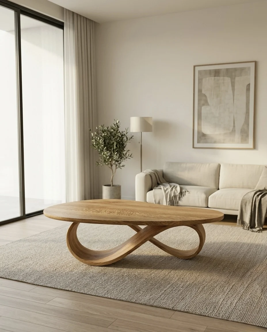 Horizon Table styled in a warm, softly lit living room